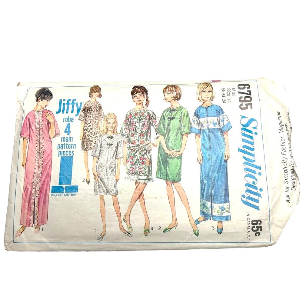 Simplicity Vintage 1960's Pattern #6795 One Piece Jiffy Robe Two Lengths Size 14